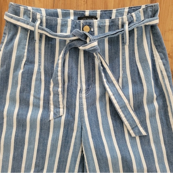 Ann Taylor High-Rise Wide Leg Denim Ankle Pants Stripe Blue White Waist Tie Sz 6 - Picture 4 of 16